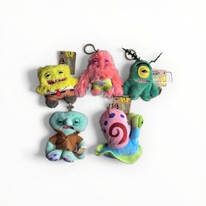 Lot 5 SpongeBob Fuggler Plush Keychain Clips Patrick Squidward Gary Plankton NEW